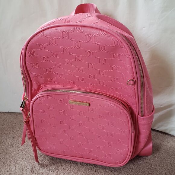 Juicy Couture Word Play Pink Backpack Pockets Silky Straps Logo Pattern Medium - Picture 2 of 8